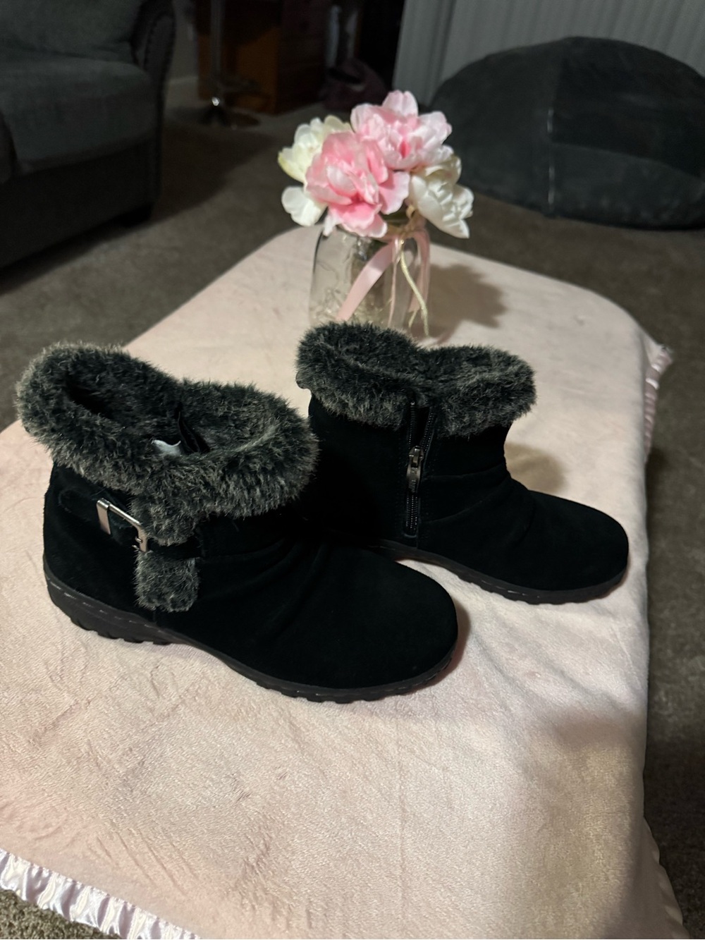 Khombu Black Faux Fur Trim Ankle Booties with Buckle